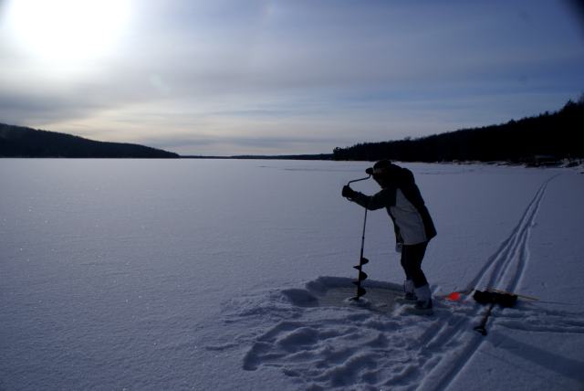 On Sunday morning, it was time to pull ski-sore bodies out of warm beds and onto an icy lake to check the ice thickness,