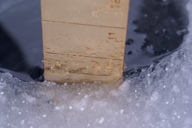 There was only about 3 inches of snow covering the lake.  The ice is 9.5 inches thick with the top inch very "airy".  Plenty to support the forts of next weekend's annual Lake Lucerne bottle rocket war.
