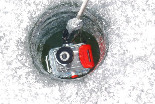 Before we left the slushy/slippery surface, the underwater camera was sunk to take both pictures and video.