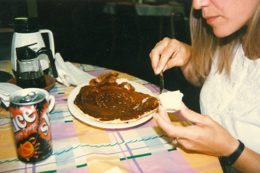 The next morning Mrs Nemo attempted to consume one of the pancakes at the Log Cabin. There also might have been some bacon involved.
