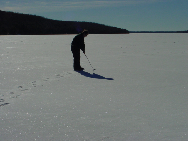 The fractures, drifts, and occasional fishermen make golf on the lake less easy, but the fairway is really really wide and the water hazards are covered (with ice).