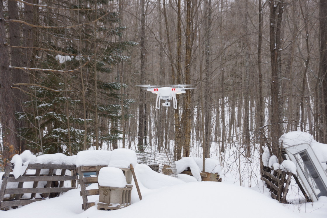 Late in the week, we launched the drone to scout out the soon to be tapped maples just off the west shore of the lake.