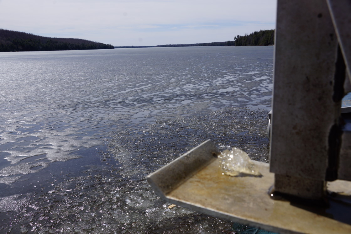 The ice also began to move. It crashed into the northwestern side of the lake and started to scour rocks, lifts, and piers on the shore. We rescued ours before any damage was inflicted.