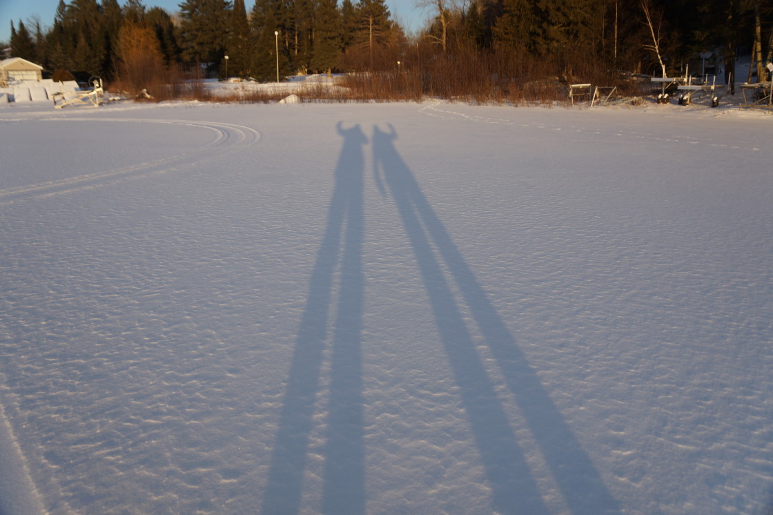 When the sun is out, shadows are still long. There's about 2 inches of snow on the lake and over 8 inches of ice under that snow.