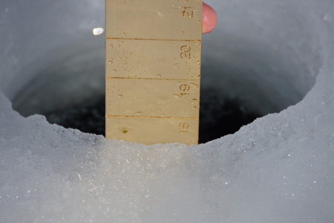 Back at the Lake, we have peak ice. The 17.5 inches is about a foot less than usual. We don't think the ice will make it to May.