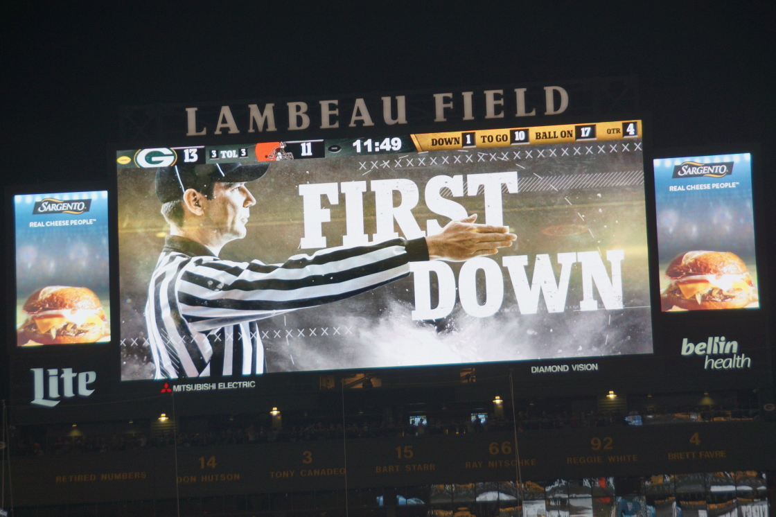 There is so much to love about Lambeau Field. The history, the atmosphere, the touchdown, the safeties, and the Monty Pythonesque jumbotron first down animation. Thanks again, team Jennis!