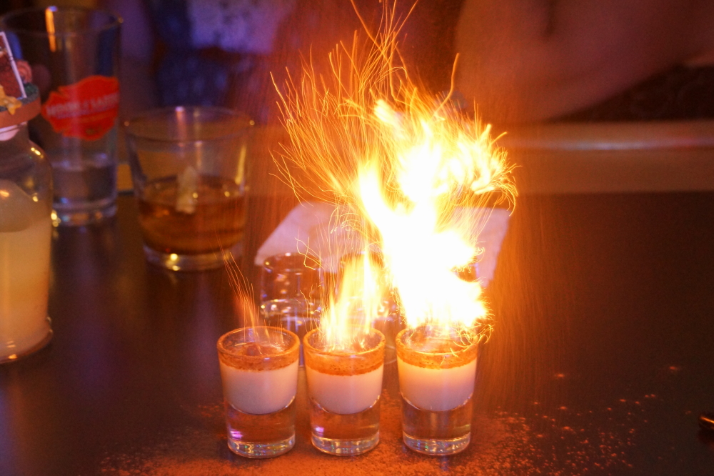 The after party went long into the night. It included a packed bar, flaming shots, dice, and some fiercely exciting bar rail bowling.