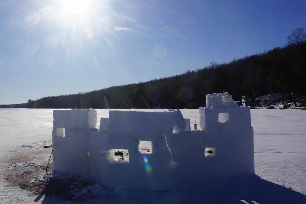When finished, the southern fort had 4 full sized launch tubes, one mini-tube, and 3 polycarbonate windows. The crack just to the right of the center window was an extension of a 200 foot long pressure crack in the lake ice that ran  perpendicular to the middle and extended in the Z-axis up the icy wall.