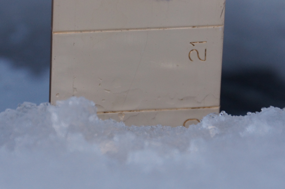 After the cold, thaw, snow, and cold, the lake gained about 2 inches from the week before, bringing the ice thickness to just over 20 inches.