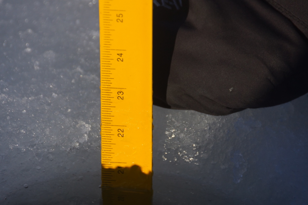 The lake is currently covered by 22.5 inches of very hard ice.