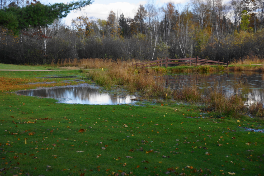 The recent rains have pushed water hazards over their banks and onto nearby fairways, making them resemble a large diorama of Lake Lucerne's current state.