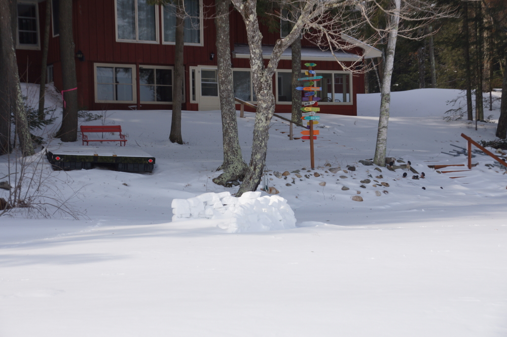 Miles down the West shore, the fabled "Lost Fort" of the 2019 Lake Lucerne Bottle Rocket War was discovered. The craftsmanship of the block construction was magnificent. The pointy sign post in the background was even more splendid.