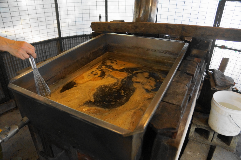 A few hours of fire after the transfer, the season's closing batch was running through the plate filter. It's been a strong year for maple syrup production. A longer run and sweeter sap has it up almost 50% over last year. 