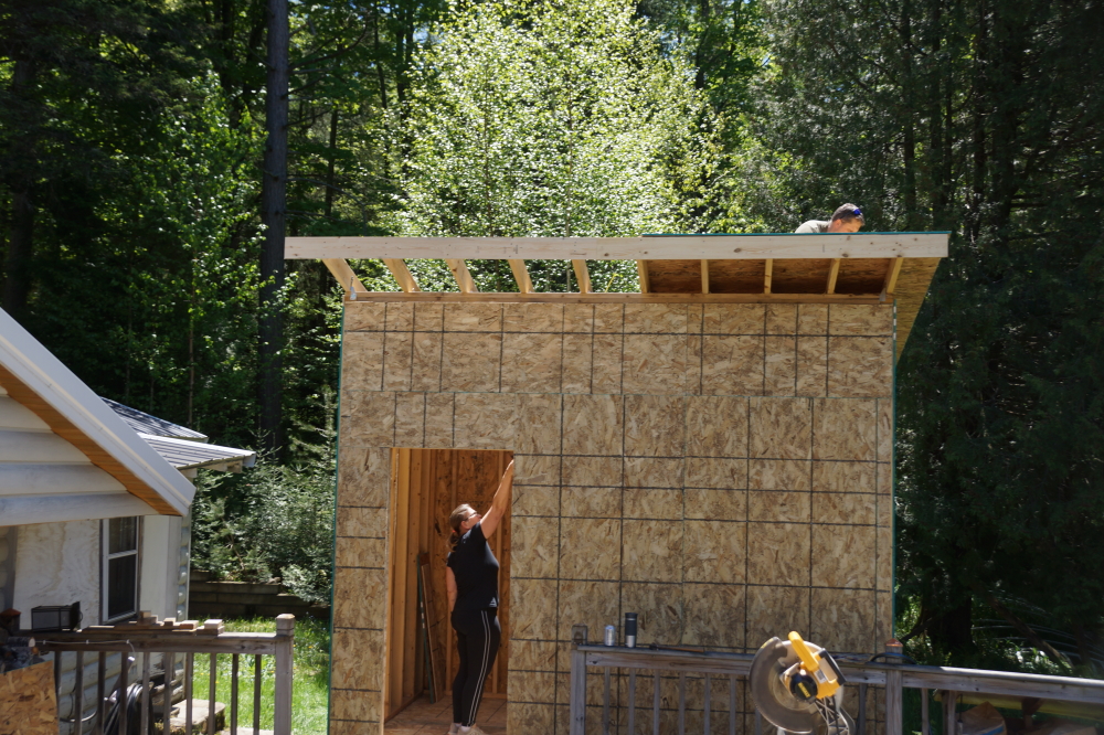 Before the permit expired, walls and a roof was added to a shed just off the deck. Originally envisioned to hold Summer furnishings during the Winter, it has been reimagined as an 80's style video arcade shed that will eventually hold some classic coin-ops such as Ms. Pac-Man, Missile Command, Asteroids, Galaga, Robotron 2084, and others.