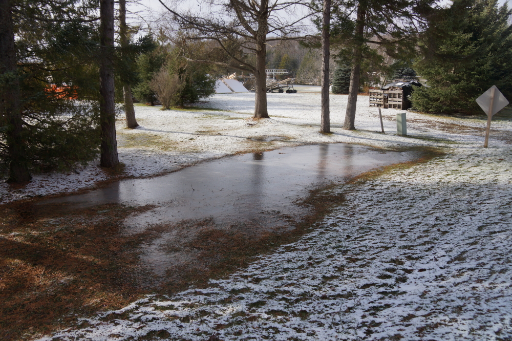 Un-aerated lawn puddles froze out early in the week.
