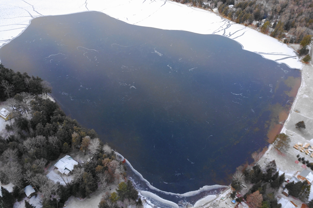 On Tuesday morning, the parts of the lake that had been open just hours before remained clear, but strangely waveless. As the drone dog paddled through the 2°F air, it was unclear whether we were seeing ice or open water with some floating frozen bits. 
