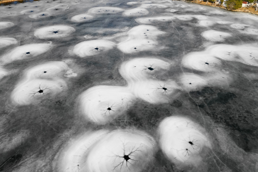 The ice on the north end has many strange holes. We are not sure if these were caused by old ice fishing holes or by darker objects, mostly leaves, that get heated by the sun and burn through the ice.