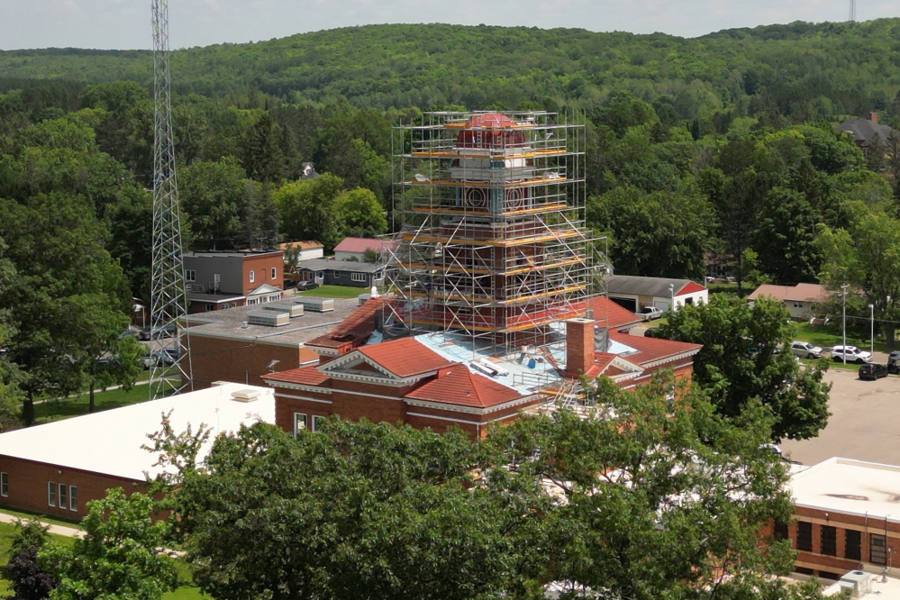 This gave us the opportunity to also image the Forest County Court House restoration project. Looks like it's coming along.