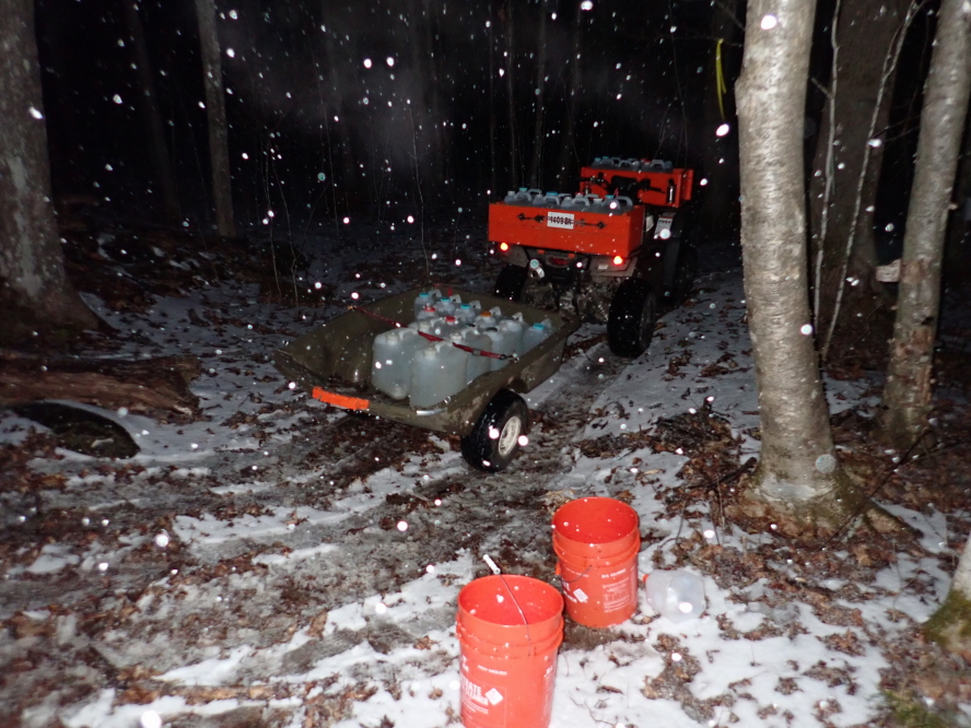 Collecting ended well after sunset. In addition to darkness, there was a little rain followed by some snow. We pulled 475 gallons back to the cookers after a short stop at the RO machine.