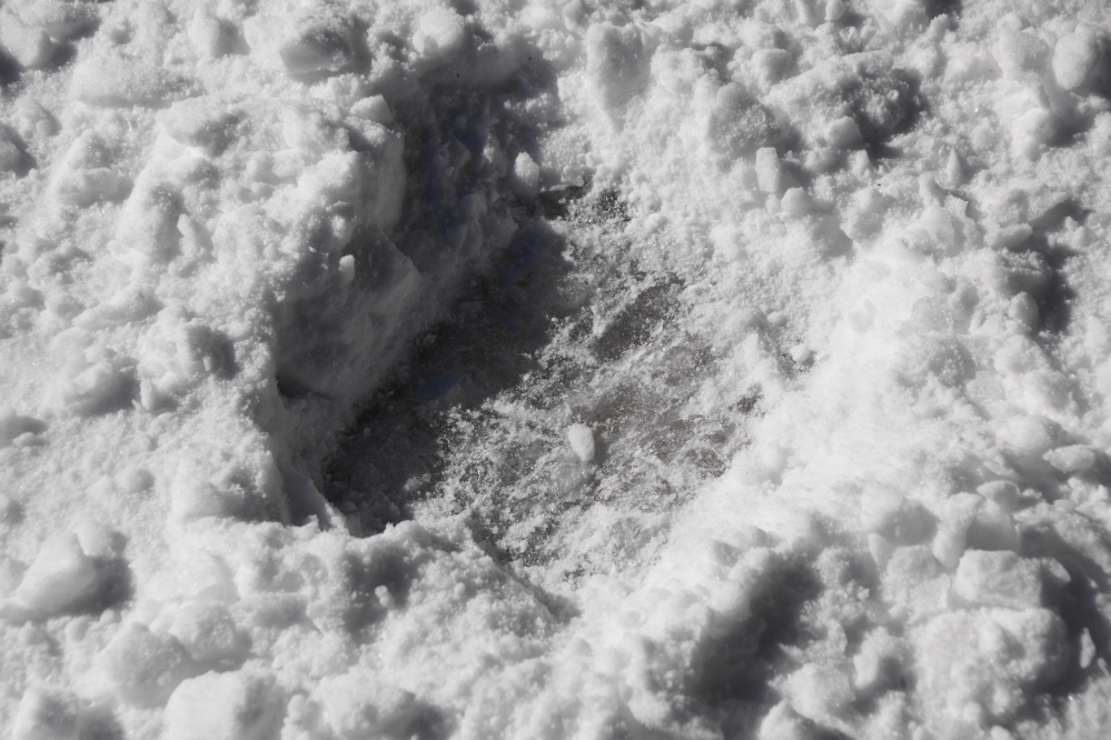Under the inch or so of packed snow covering the lane, there's ice. We attempted to check the thickness of said ice, but gave up after chipping about two inches deep.